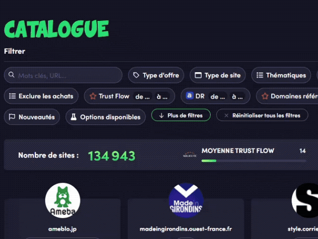 Catalogue filter bar with the Trust Flow and DR ranges