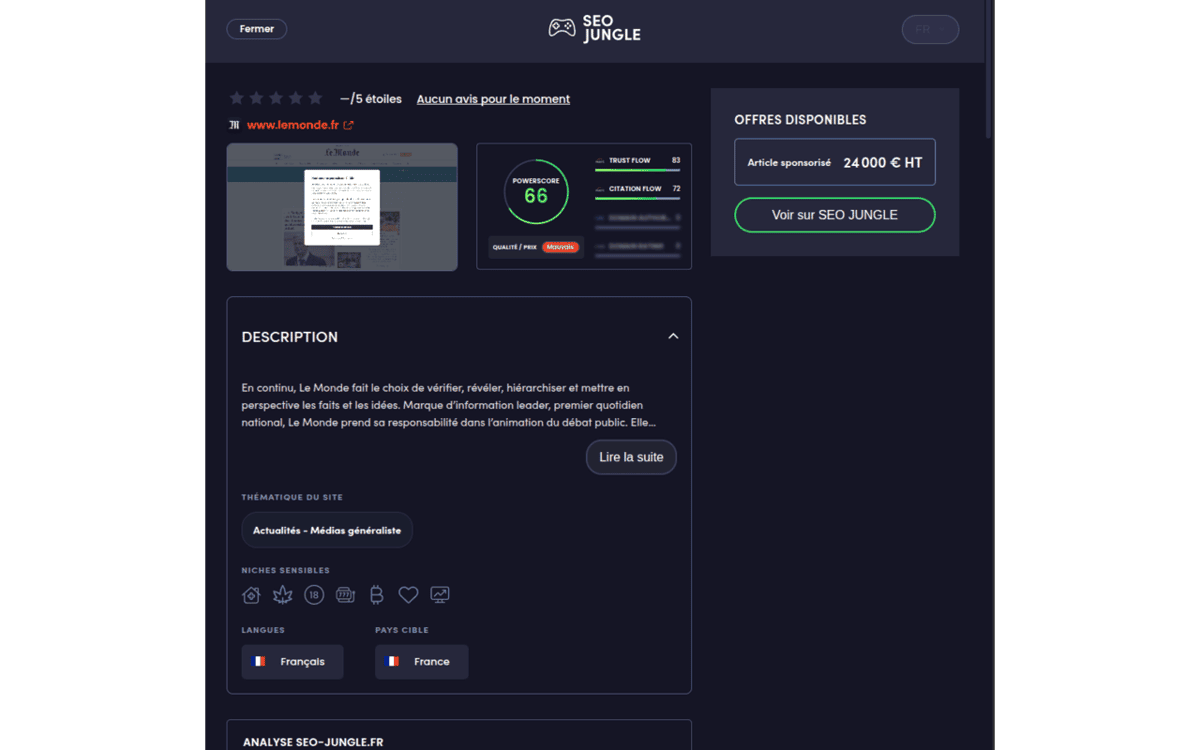 Detailed media profile in the Chrome extension: Power Score, Trust Flow, Citation Flow, topic and offers