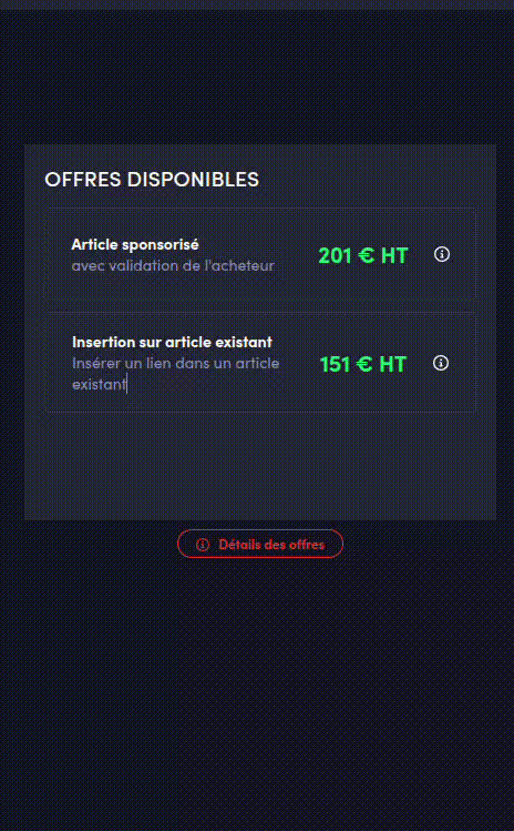 Media card showing the two available offers: sponsored article and insertion into an existing article